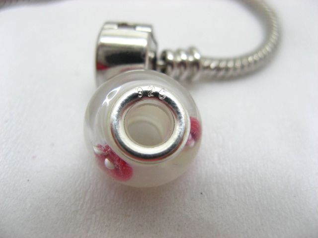 1X White Pink Murano Round Glass European Beads 925 Silver Core - Click Image to Close